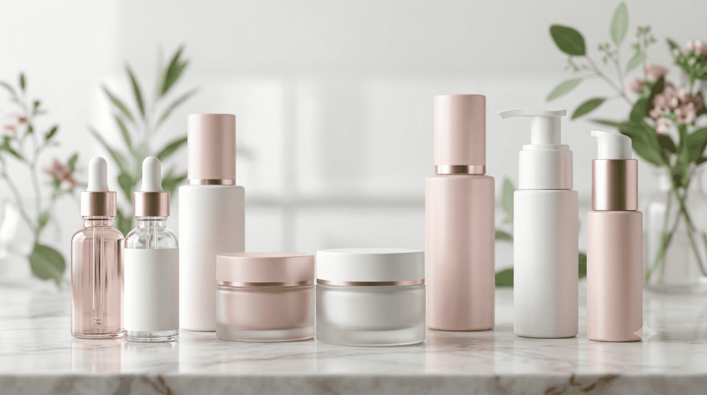 Sleek unbranded cosmetic packaging including glass serum dropper bottles, frosted cream jars, and pump dispensers arranged on a marble surface with soft greenery.