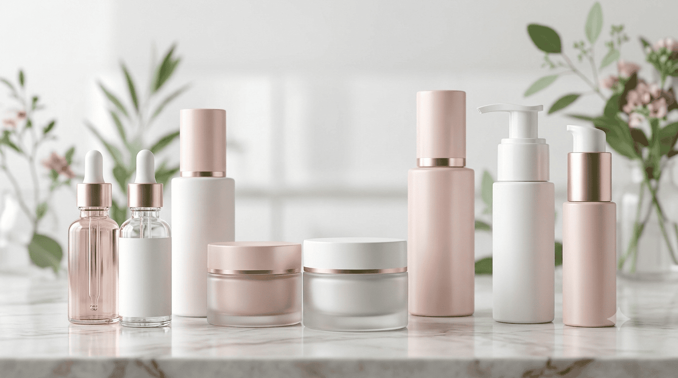 Sleek unbranded cosmetic packaging including glass serum dropper bottles, frosted cream jars, and pump dispensers arranged on a marble surface with soft greenery.