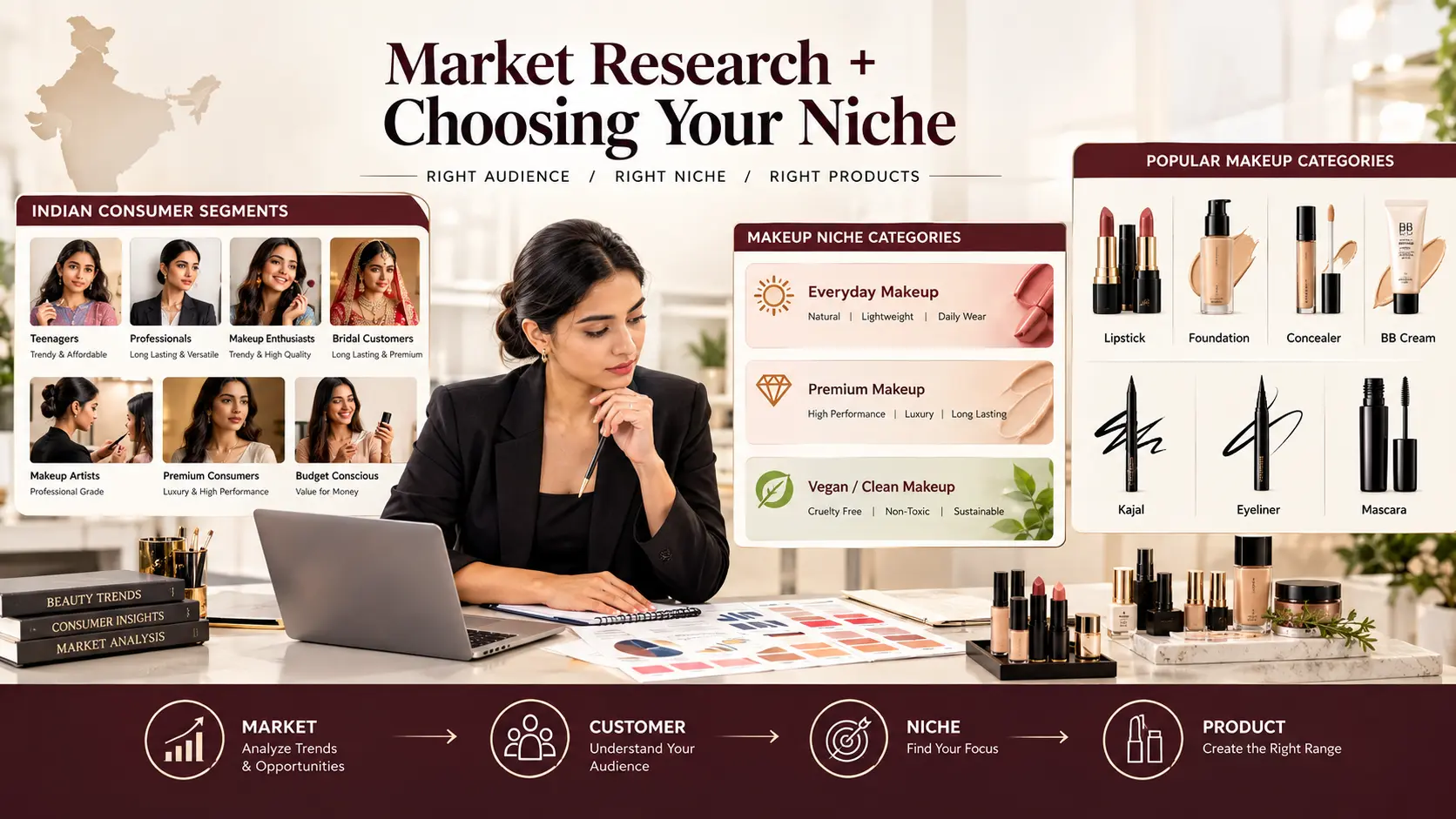 Market research dashboard infographic showing a woman at a desk with a laptop alongside Indian consumer segments, makeup niche categories, and key products like lipstick, foundation, kajal, and mascara.