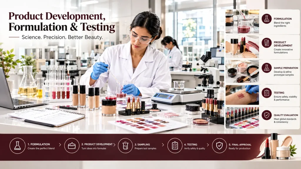 Cosmetic chemist wearing protective lab goggles and gloves using a pipette at a laboratory workbench filled with test tubes, precision scales, lipstick swatches, foundation bottles, and testing workflow icons.