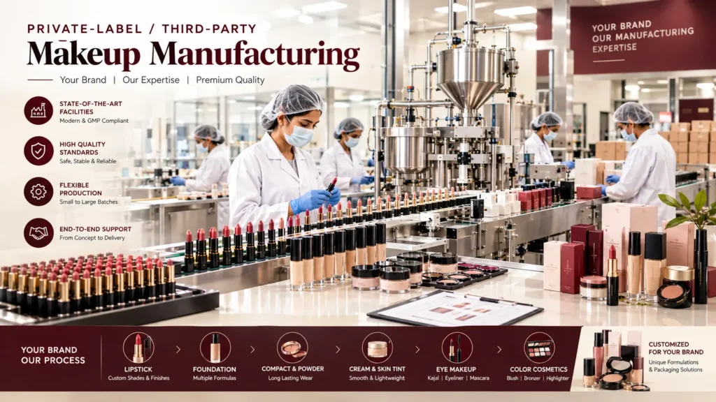 Laboratory technicians in white coats, face masks, hairnets, and blue gloves operating an automated lipstick assembly line and cosmetics packaging facility.