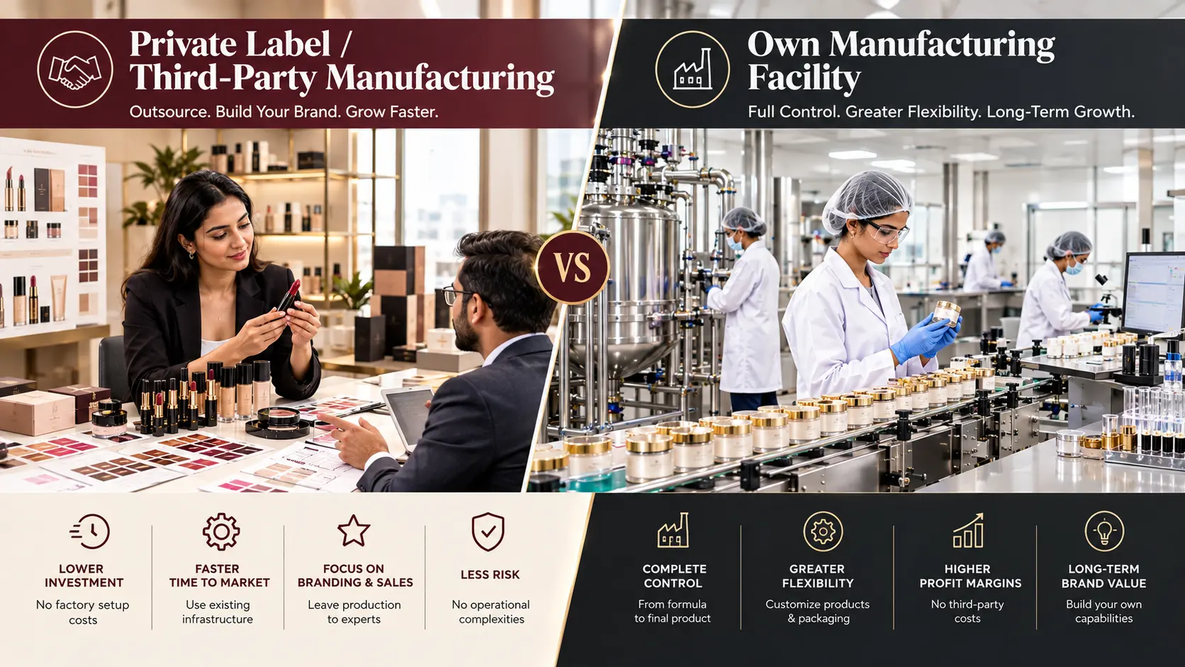 Split infographic comparing outsourced third-party cosmetics manufacturing with an in-house cleanroom factory filling gold skincare jars.