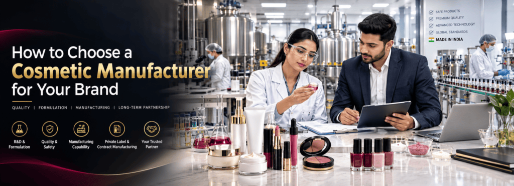 Professional Indian cosmetics manufacturing facility with cosmetic products, formulation specialist, business consultant, quality testing, and stainless-steel production equipment.
