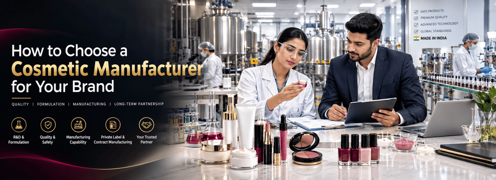 Professional Indian cosmetics manufacturing facility with cosmetic products, formulation specialist, business consultant, quality testing, and stainless-steel production equipment.