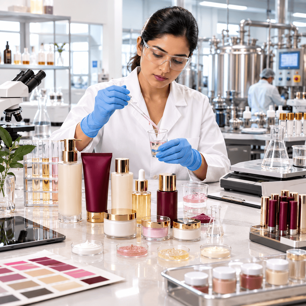 Cosmetic product sampling and quality testing at Fablay facility