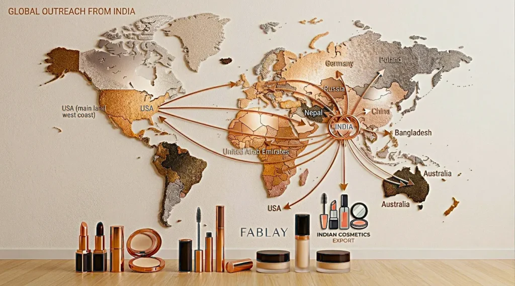 A colorful world map mounted on a wall with arrows showing cosmetic product export routes from India to the USA, UAE, UK, China, Nepal, Bangladesh, Russia, Australia, Germany, and Poland.