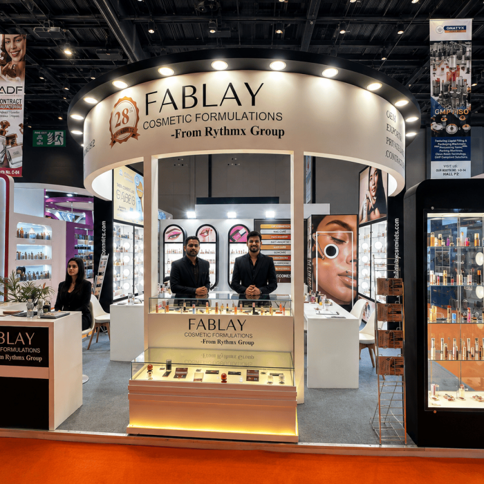 FABLAY Cosmetic Formulations exhibition booth showcasing cosmetic products and private label manufacturing solutions